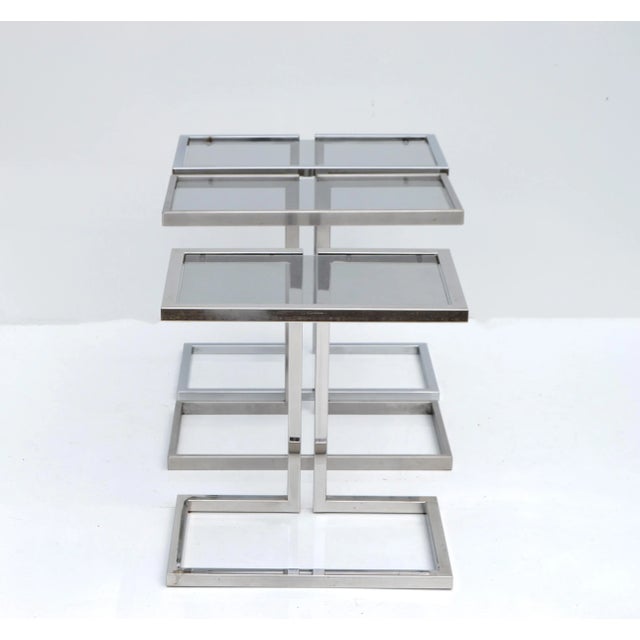 Guy Lefevre Guy Lefèvre 3 French Mid-Century Modern Silver Finish & Smoked Glass Top Drink Table For Sale - Image 4 of 13