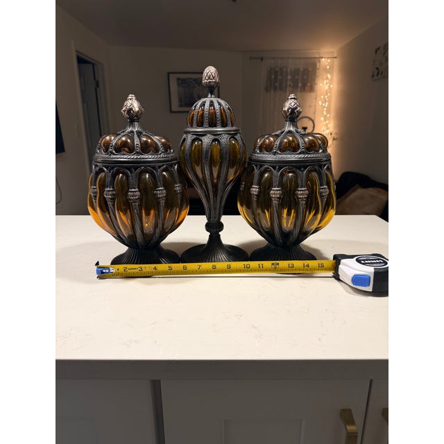 Amber Vintage Baroque Brass Caged Amber Blown Bubble Glass & Dome Lidded Apothecary Jar For Sale - Image 8 of 11