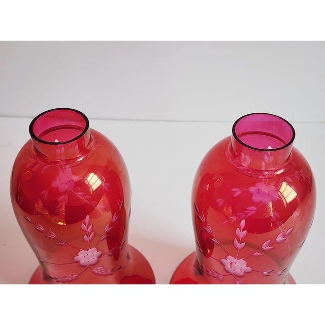 Raspberry Red Cranberry Glass Uricane Lamp Shades-a Pair For Sale - Image 8 of 12
