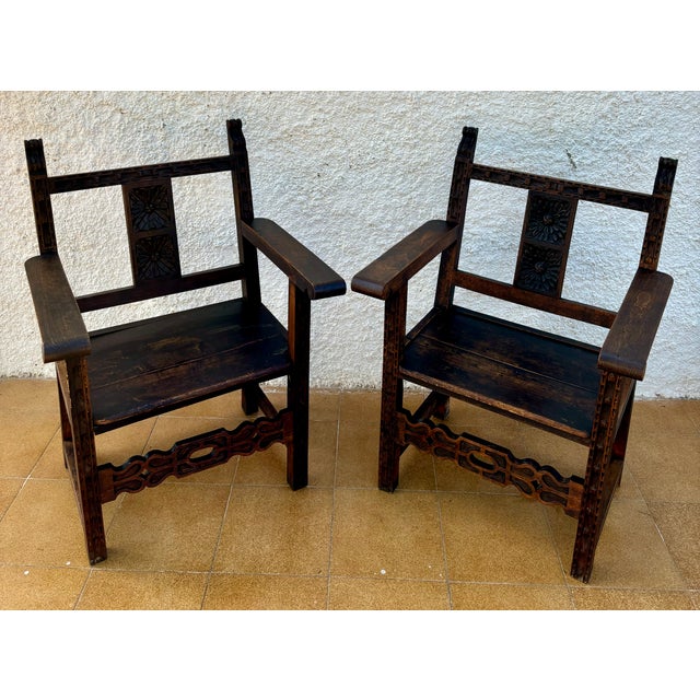 Set of 19th Century Spanish Colonial Carved Altar Armchairs with Wooden Seats For Sale - Image 13 of 18