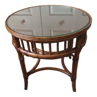 Vintage Ethan Allen Large Chinese Chippendale Round Glass Table Wicker Top Side Table For Sale