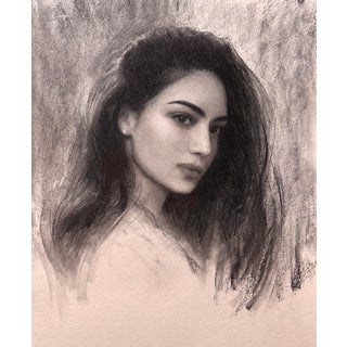Portrait of Long Haired Girl by Bunyod Suvonov | Charcoal, graphite on toned paper portrait of a girl For Sale