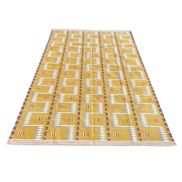 Handwoven Cotton Area Rug Natural Vegetable Dyed Mustard Beige Cream & Red Marianne Geometric Dhurrie - 6'x9' For Sale - Image 9 of 11