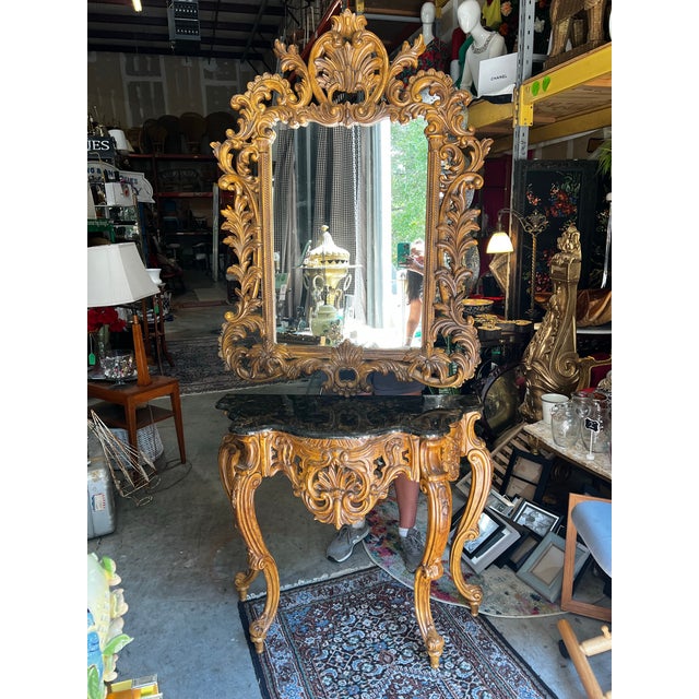 Up for consideration is a beautiful vintage Syroco detailed mirror and console table with stone top. This set would look...