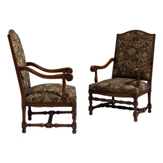Pair of 19th Century French Dark Brown Louis XIII Upholstered Throne Armchairs For Sale