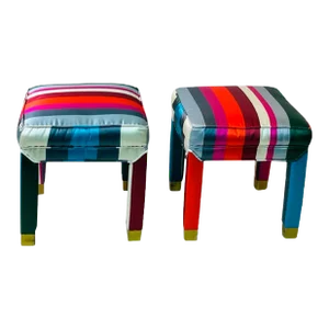 1970s Modern Deluxe Striped Fabric Brass Foot Stools - A Pair