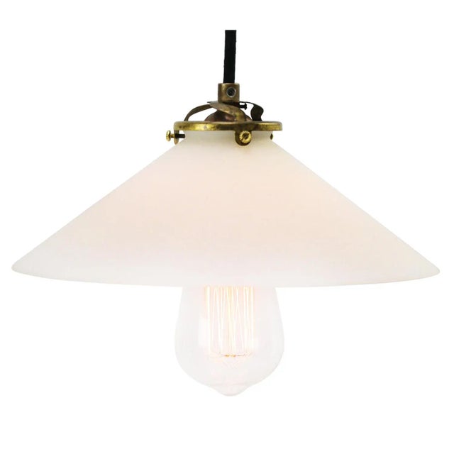 Metal Mid-Century Modern French Opaline Glass and Brass Pendant Lamp For Sale - Image 7 of 8