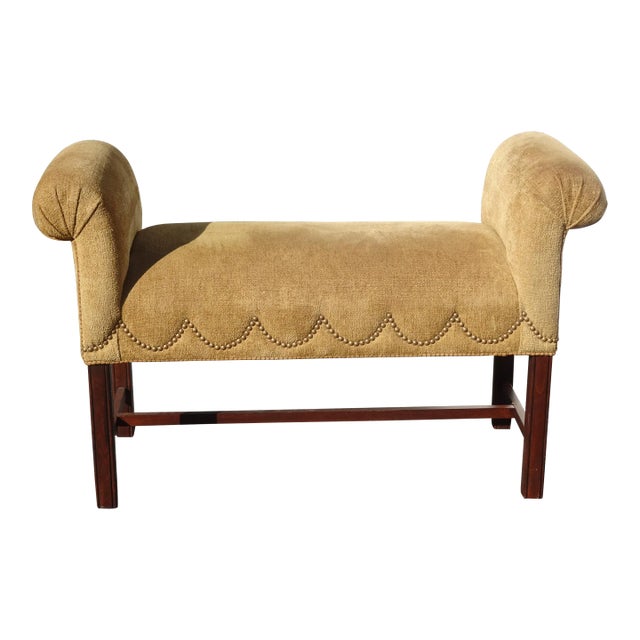 Vintage Ethan Allen Rolled Arm Bench W Gold Velvet Fabric & Decorative Nails For Sale