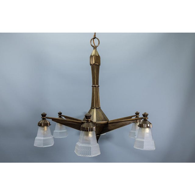 Art Deco French Bronze and Frosted White Glass Six-Light Chandelier, 1920 For Sale - Image 16 of 18