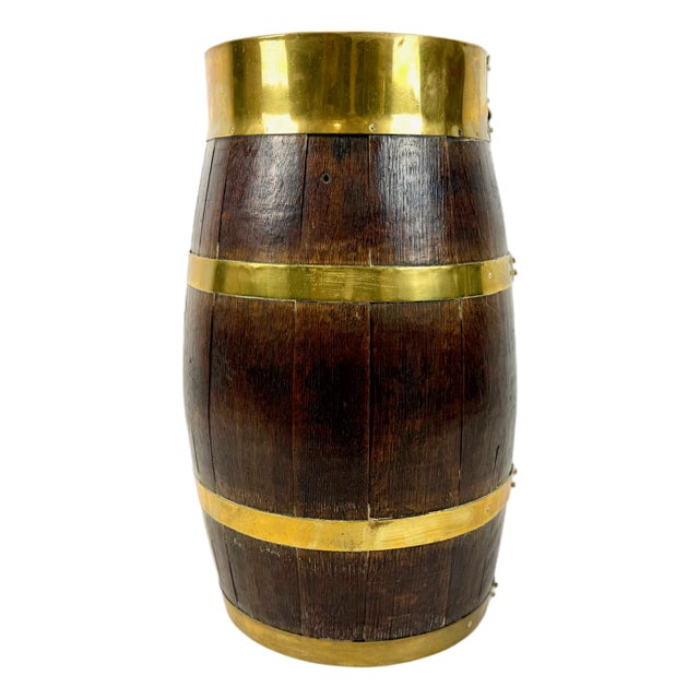 Antique Victorian Oak and Brass Barrel Umbrella Stand, 1890s For Sale