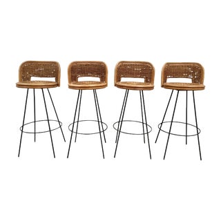 Set of 4 Mid-Century Rattan Bar Stools For Sale