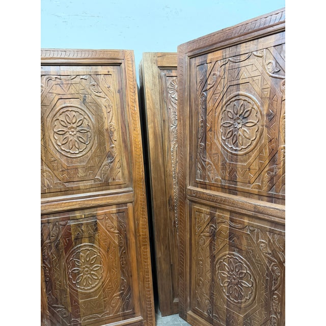 Brown Antique Spanish Style Double Carved Entry Doors in Solid Wood | Statement Architectural Panels 80x36 For Sale - Image 8 of 9