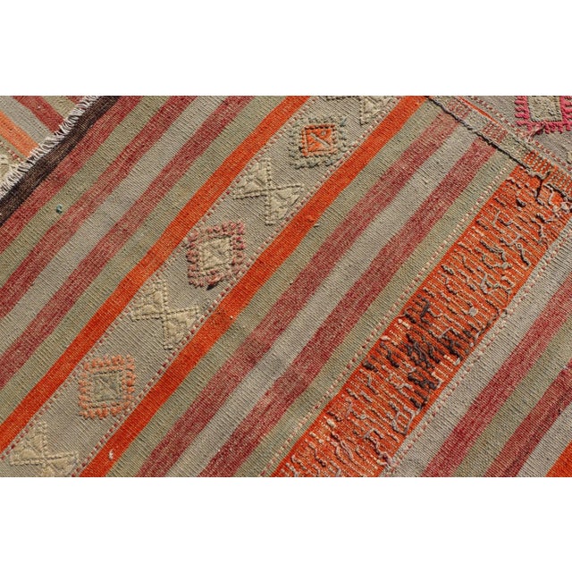 Mid 20th Century Vintage Turkish Kilim With Colorful Stripes in Orange Lt. Green Red & Gray For Sale - Image 12 of 13