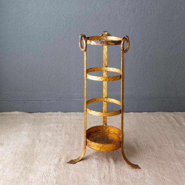 Metal Neoclassical Umbrella Stand of Gilded and Hammered Iron on Footed Base For Sale - Image 7 of 18