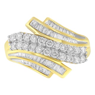 10K Yellow Gold 1.0 Cttw Round & Baguette Cut Diamond 64 Stone Bypass Style Channel Set Modern Statement Ring (H-I Color, SI1-SI2 Clarity) - Size 7 For Sale