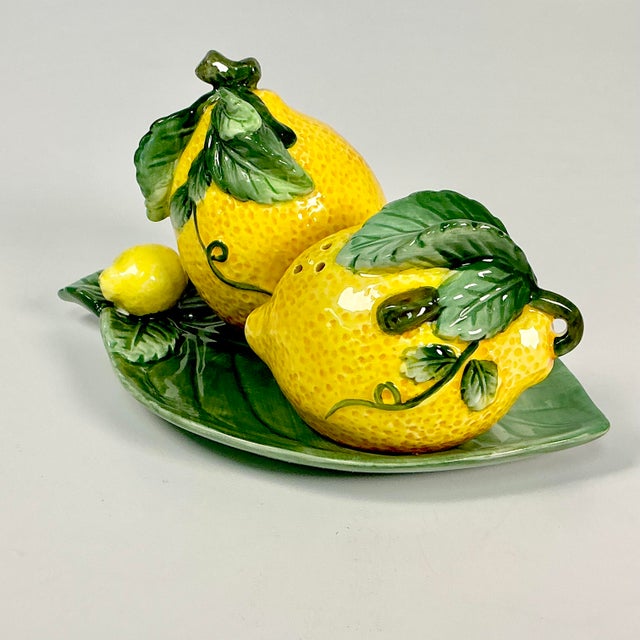 1980s Vintage Hollywood Regency Majolica Lemon Salt & Pepper Shaker - Set of 3 For Sale - Image 13 of 17