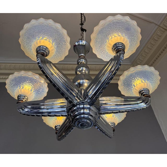 Art Deco Opalescent Glass and Nickel-Plated Bronze Chandelier by Jean Gauthier for Petitot & Ezan, France, 1935 For Sale - Image 12 of 18