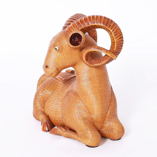 Mid century lidded Ram box ambitiously crafted in wicker with carved wood horns and hoofs, from the noted Shanghai...