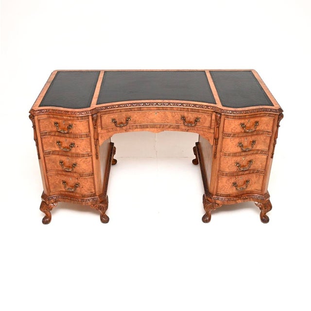 Antique Burr Walnut Pedestal Desk with Leather Top, 1900 For Sale - Image 11 of 11