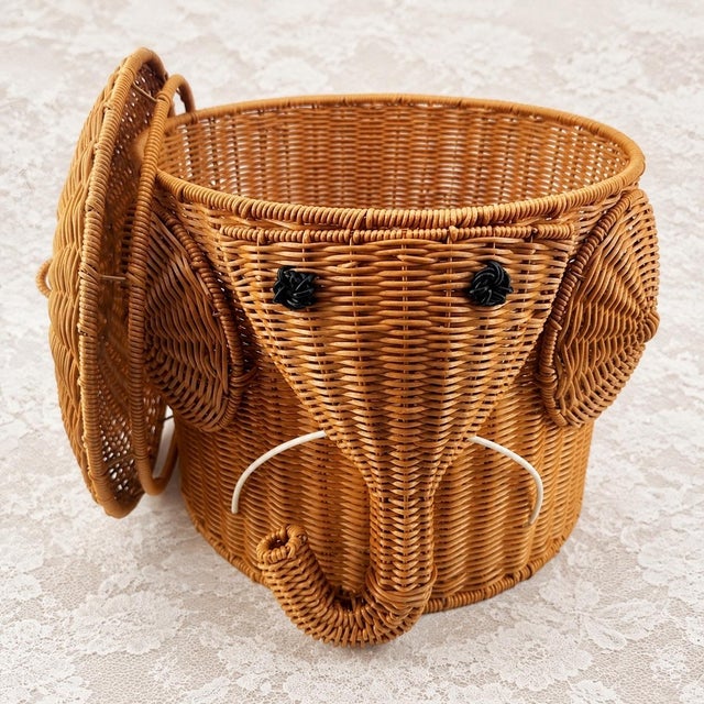 Arts & Crafts Elephant Shaped Rattan Storage Basket (With Lid) For Sale - Image 3 of 3