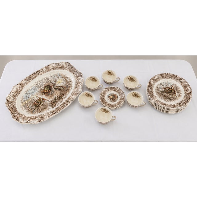 This vintage Johnson Brothers “Woodland Wild Turkeys” Windsor Ware dinnerware set was made in England using Johnson...