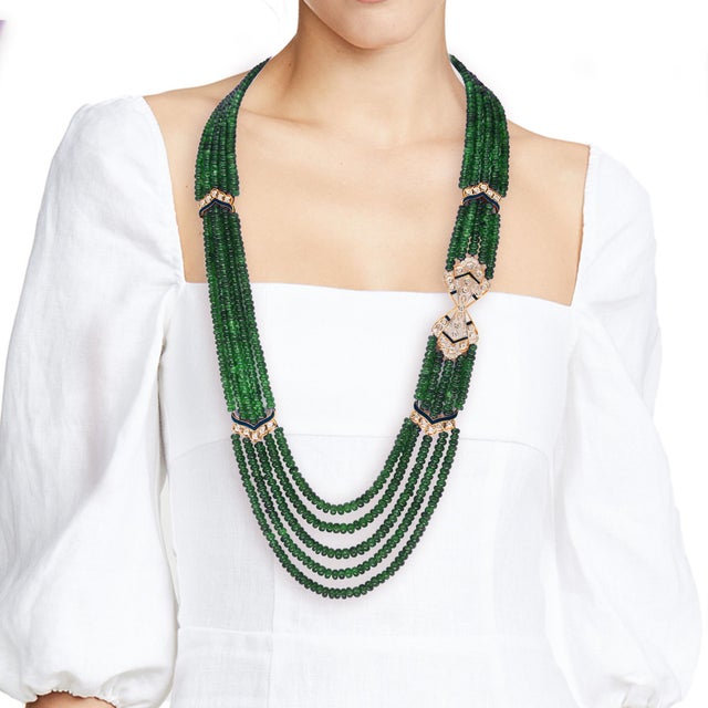300 Carat 5-Strand Emerald Necklace with 4.8 Carat Diamond & Enamel in 14k Gold For Sale - Image 17 of 18