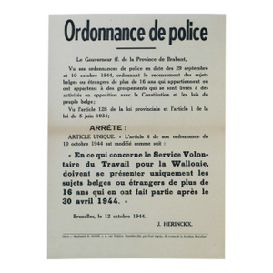 1944 Belgian Propaganda Poster - "Ordonnance De Police", Article 4 - Linen Backed