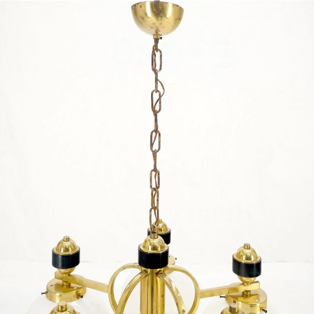 Metal Mid Century Milk Amber Glass 4 Globe Shades Brass Light Fixture Chandelier For Sale - Image 7 of 8