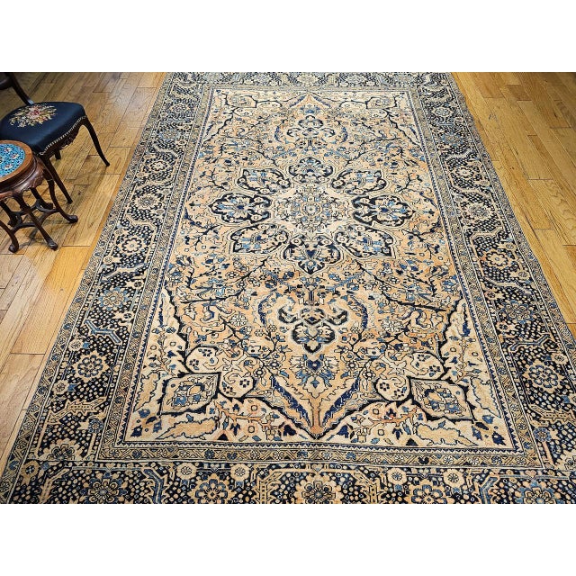 Salmon Vintage Persian Heriz Rug, Hand-Knotted Wool, Geometric Medallion Pattern,Tan & Navy, 9x13 For Sale - Image 8 of 18