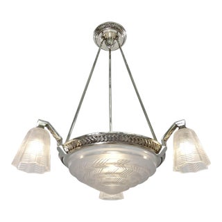 Petitot French Art Deco Chandelier 1930s - Stepped Chevron Geometric Glass For Sale