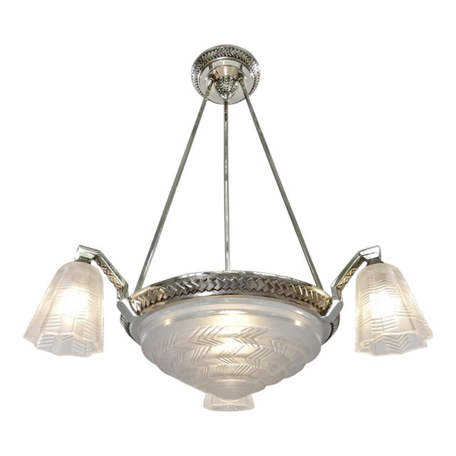 Petitot French Art Deco Chandelier 1930s - Stepped Chevron Geometric Glass For Sale