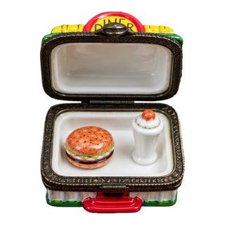 Vintage Porcelain Diner Drive-in Hinged Trinket Box With Miniature Food Trinkets For Sale