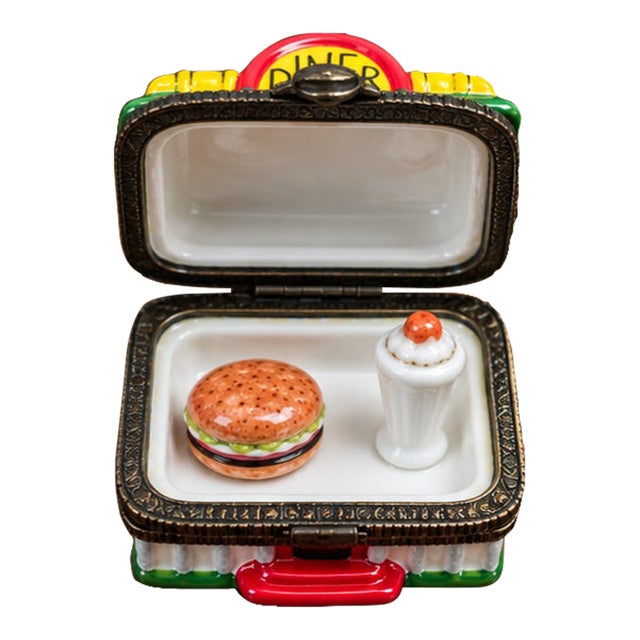 Vintage Porcelain Diner Drive-in Hinged Trinket Box With Miniature Food Trinkets For Sale