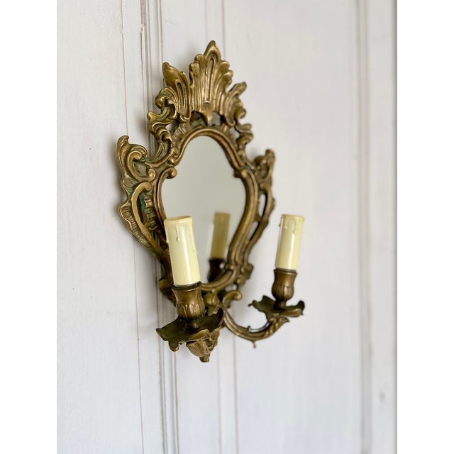Mid-Century French Rococo Revival Brass Wall Mirror Sconce, 1950s For Sale - Image 12 of 16