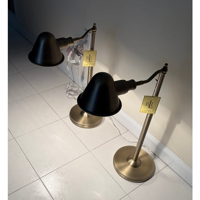 Brand New with Tags. Ralph Lauren Adjustable Antique Brass Table Lamps. Set of 2.