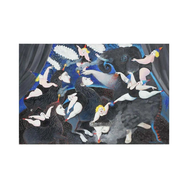 Surreal abstract painting by contemporary artist Doug Whitfield. The work features various dancing performers flanked by...