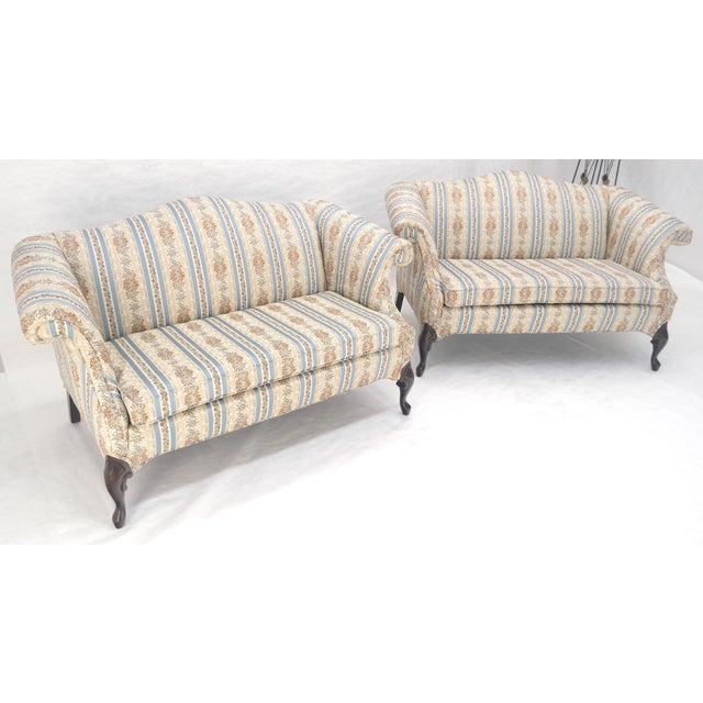 Hickory Chair Furniture Company Pair of Camelback Loveseat Blue & White Striped & Floral Upholstery MINT! For Sale - Image 4 of 18