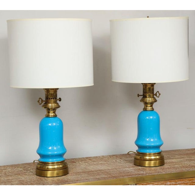 Mid-Century Modern Blue Opaline Glass Lamps - a Pair For Sale - Image 3 of 9