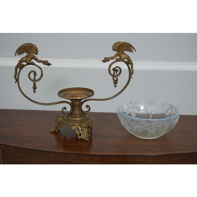 Victorian Era Bronze Winged Dragon Centerpiece W. Glass Bowl For Sale - Image 4 of 12