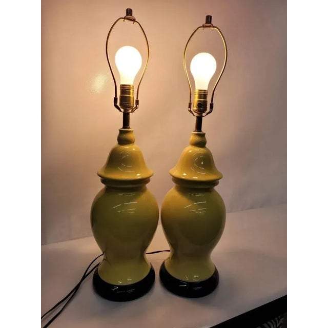 Hollywood Regency Mid Century Hollywood Regency Yellow Ceramic Ginger Jar Yellow Table Lamps - A Pair For Sale - Image 3 of 9
