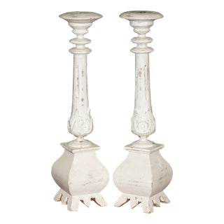 Vintage Painted Carved Oak Decorative Candlesticks, 1940s, Set of 2 For Sale