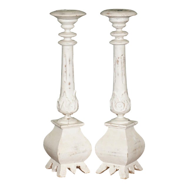 Vintage Painted Carved Oak Decorative Candlesticks, 1940s, Set of 2 For Sale