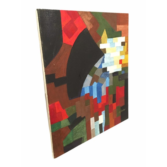 Beautiful mid-century painting. This oil on canvas piece features a geometric theme with colors of blue, red, green and...