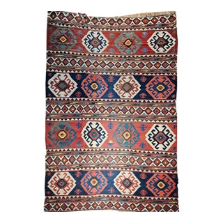 19th Century Caucasian Kazak Kilim, Geometric Pattern, Wool Flatweave, Blue & Green, 7' X 12' For Sale
