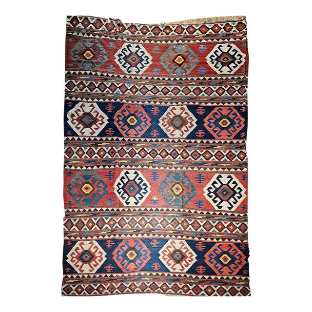 19th Century Caucasian Kazak Kilim, Geometric Pattern, Wool Flatweave, Blue & Green, 7' X 12' For Sale