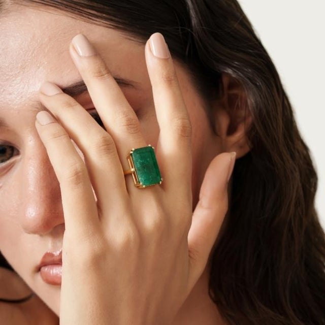 Not Yet Made - Made To Order 12.59 Ct Emerald Solitaire Contemporary Cocktail Ring Size 7 by VRJewels in 18k Yellow Gold For Sale - Image 5 of 15