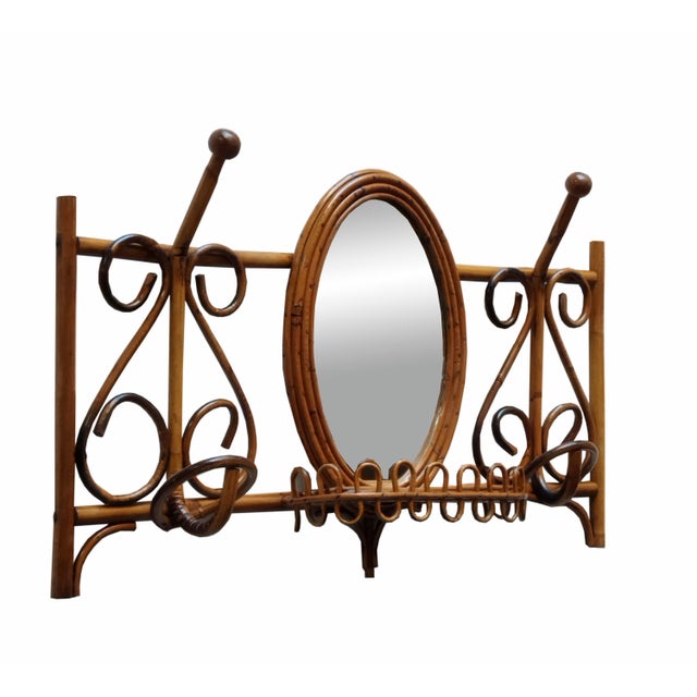 Rattan and Bamboo Wall Coat Rack with Mirror and Shelf, Italy, 1960s For Sale - Image 6 of 6
