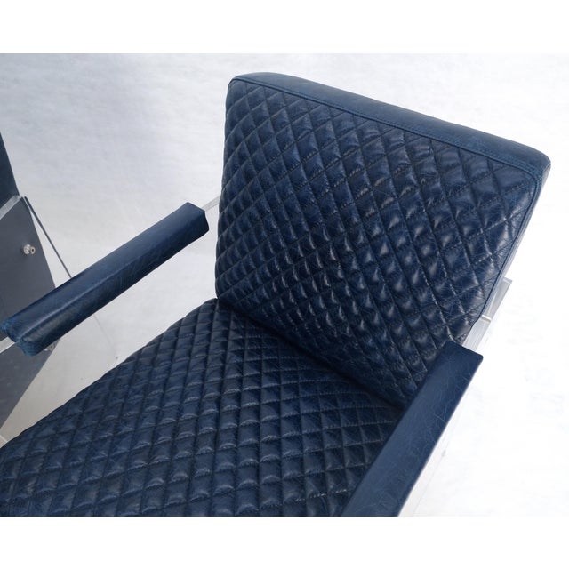 Pair of blue Quilted Leather Upholstery Seats Lucite Base Arm Lounge Club Chairs For Sale - Image 11 of 14