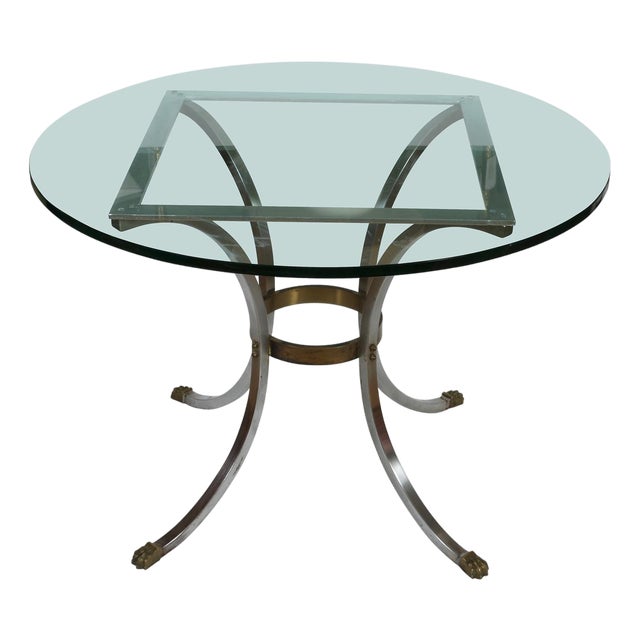 Maison Jansen Style Glass Top Center or Dining Table With Metal Pedestal Base For Sale