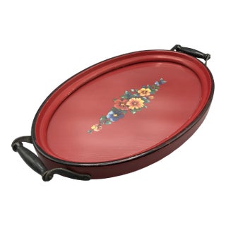 Painted Flowers on Red Paper Composite Glass Top Dresser Tray 1940's For Sale